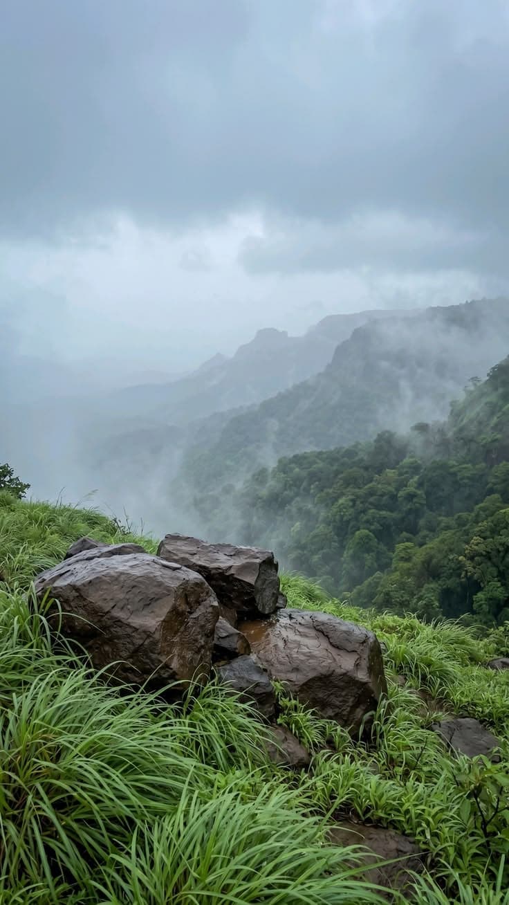 Mist rolling over green monsoon hills, with wet rock in the foreground.