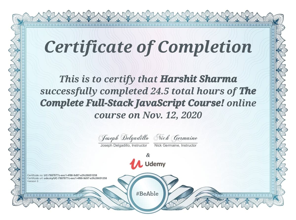 Udemy certificate of completion for The Complete Full-Stack JavaScript Course, issued to Harshit Sharma on November 12, 2020.