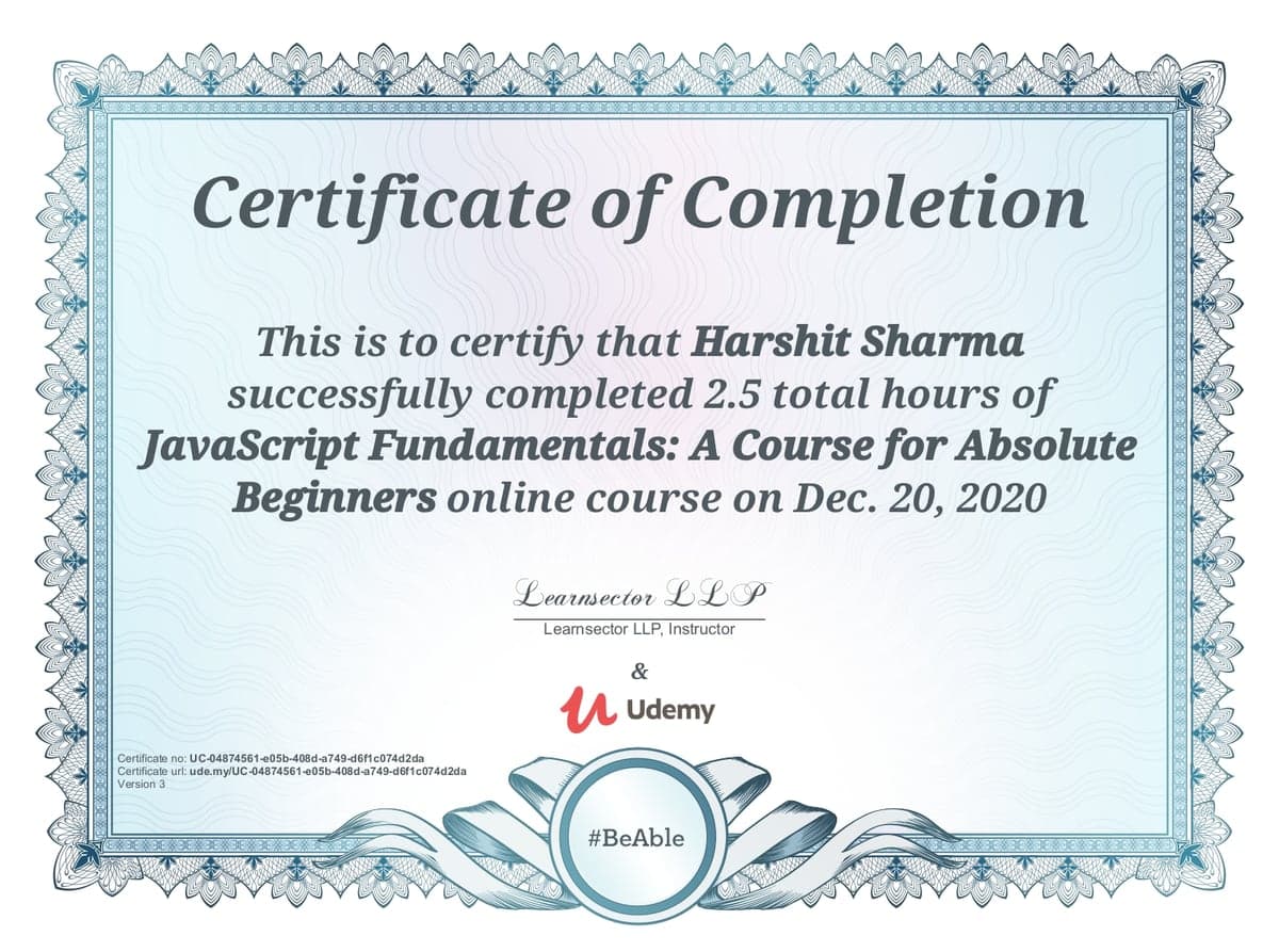 Udemy certificate of completion for JavaScript Fundamentals: A Course for Absolute Beginners, issued to Harshit Sharma on December 20, 2020.