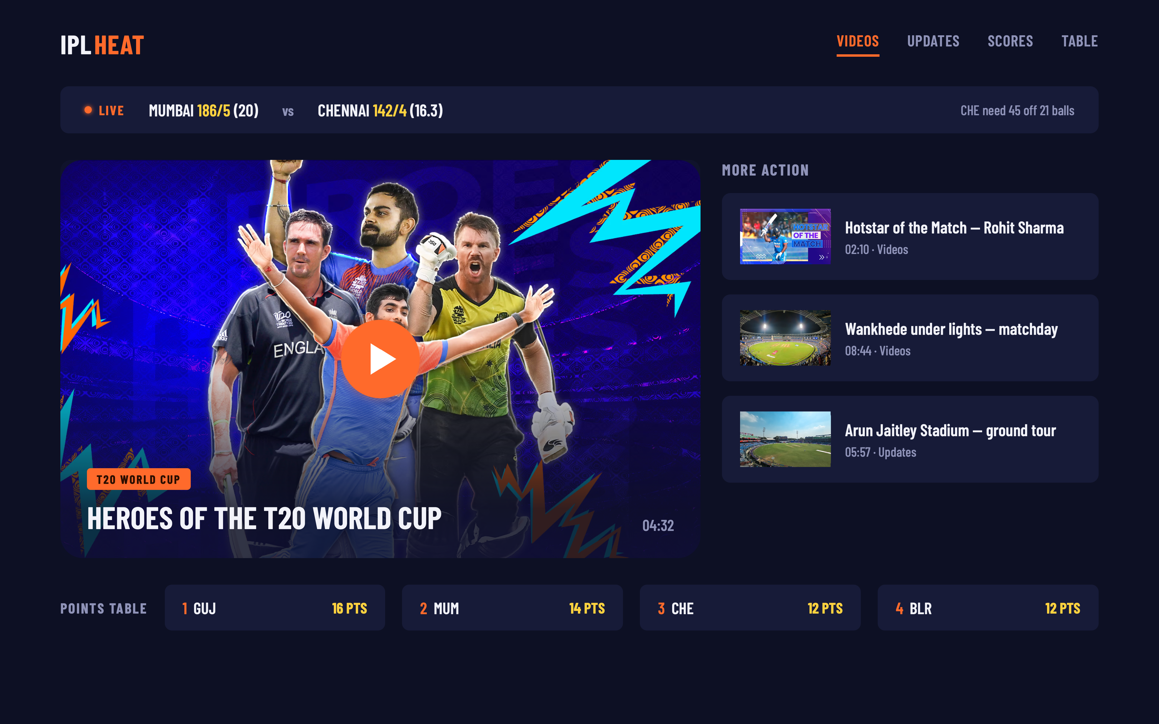 The Iplheat video feed — a match-highlight card with a play button under the site header.