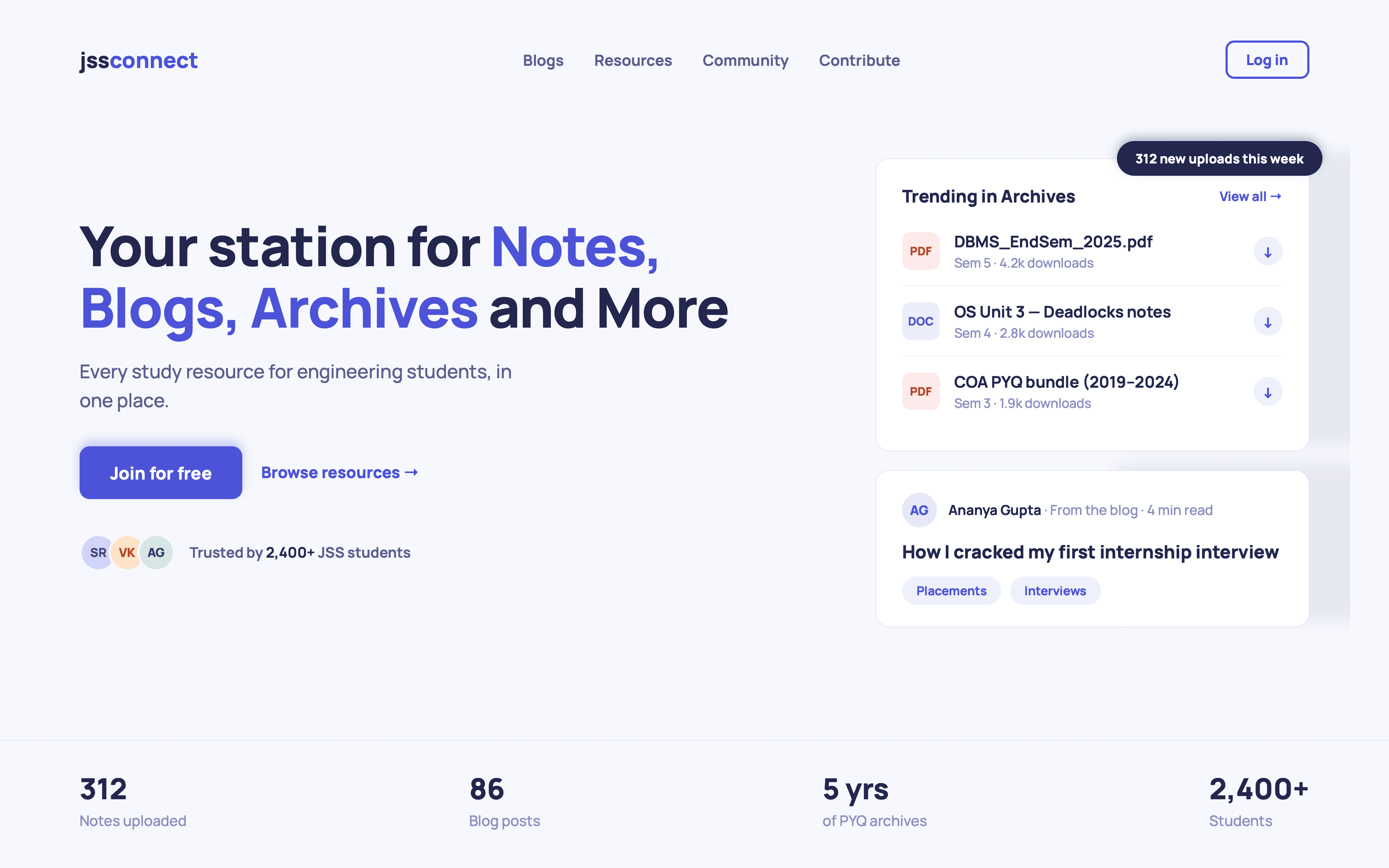 The Jssconnect landing page — "Your station for Notes, Blogs, Archives and More" beside a Join for free button, with Blogs, Resources, Community and Contribute in the nav.