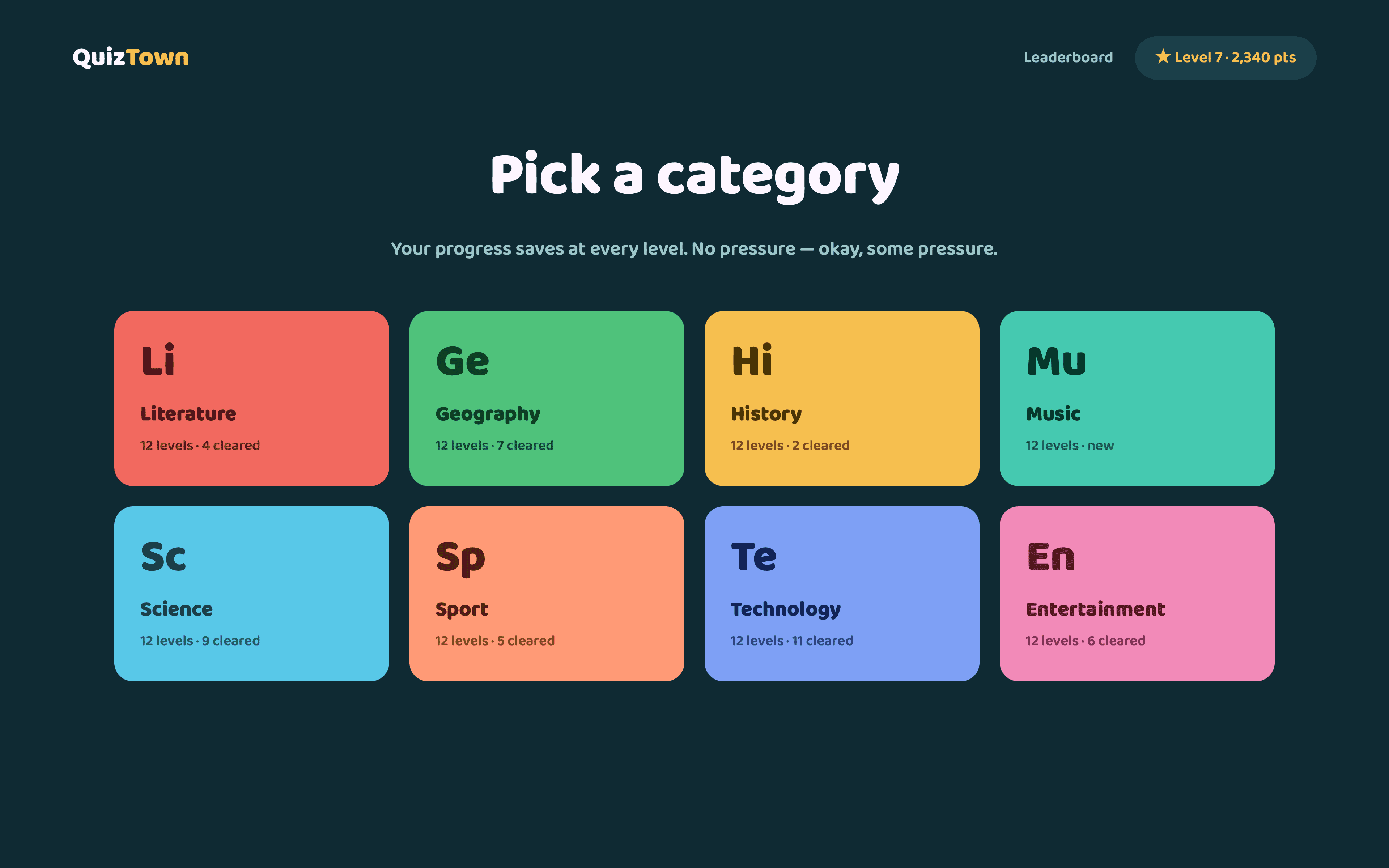 QuizTown's nine category tiles — literature, geography, history, music, science, sport, technology and entertainment.