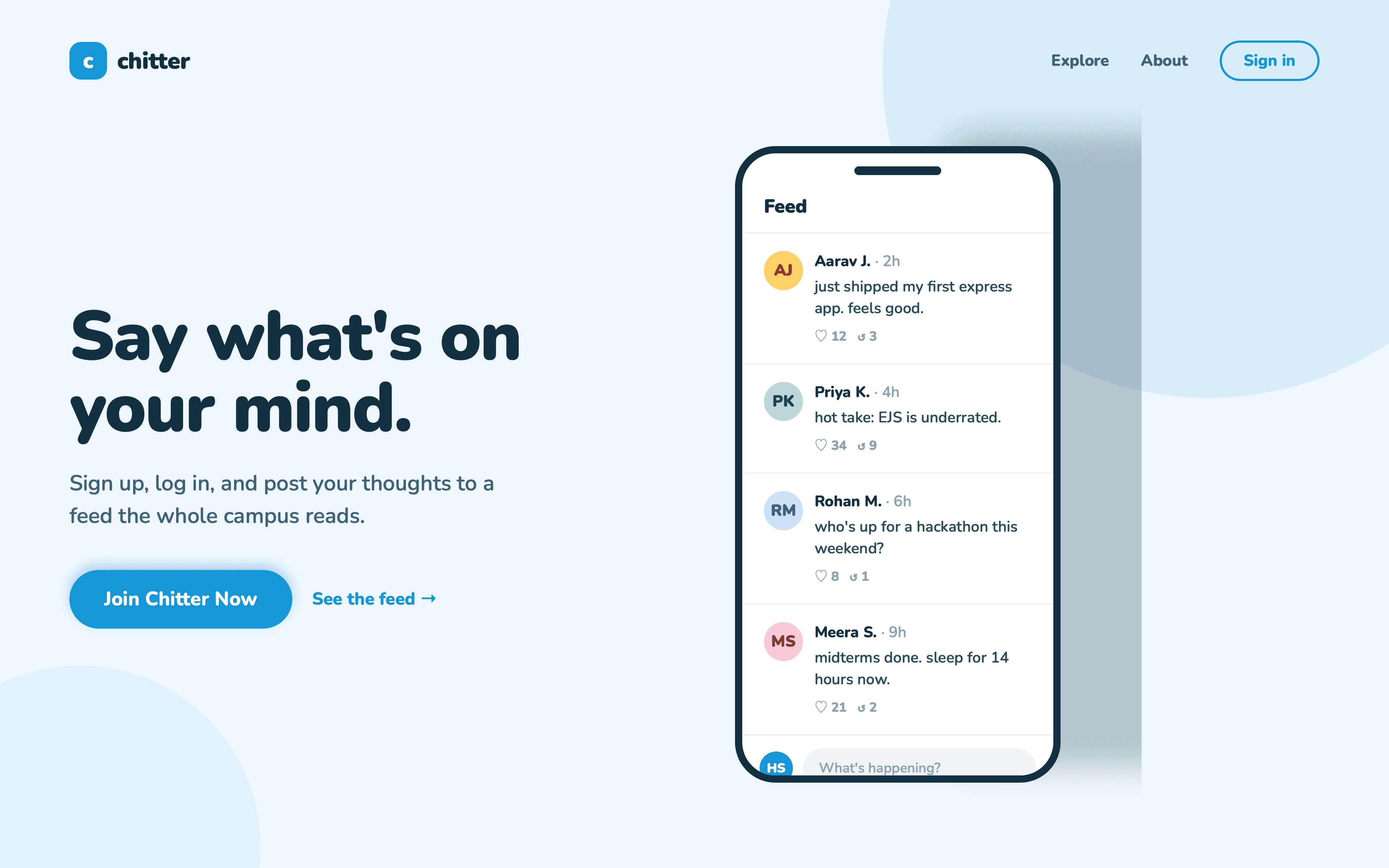 Chitter's landing page — headline, a Join Chitter Now button, and a phone mockup of the feed.