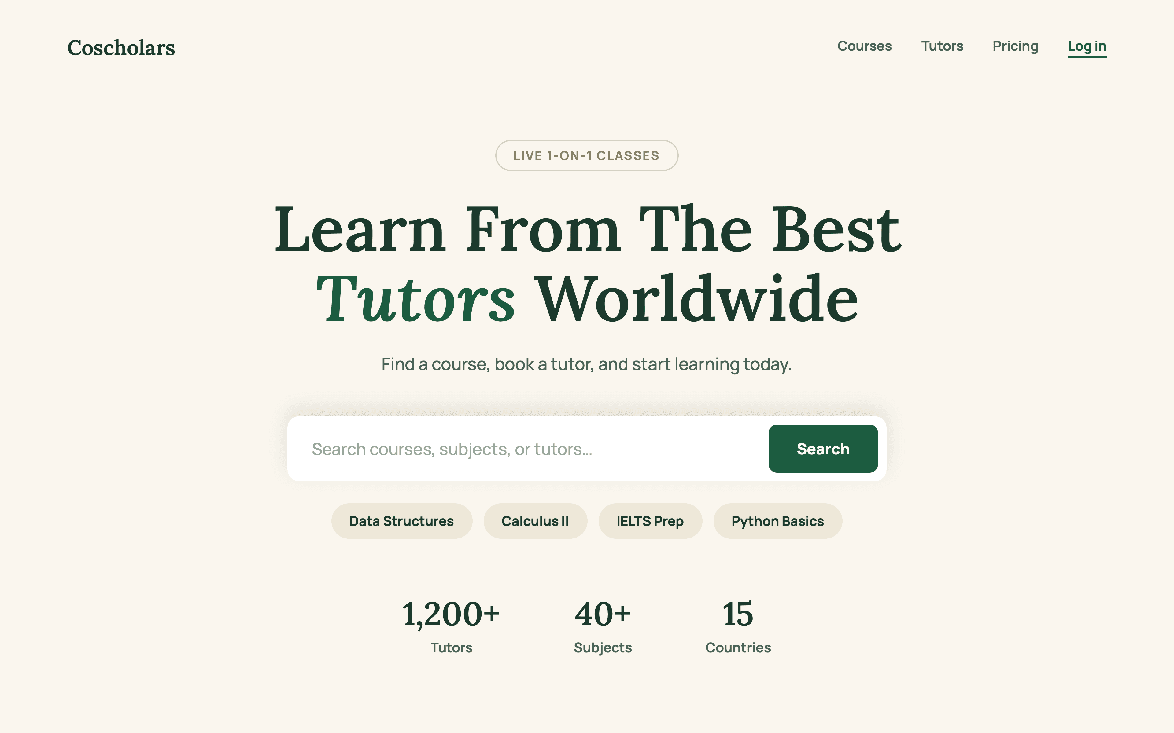 The Coscholars landing page — "Learn From The Best Tutors Worldwide" above a course search field.