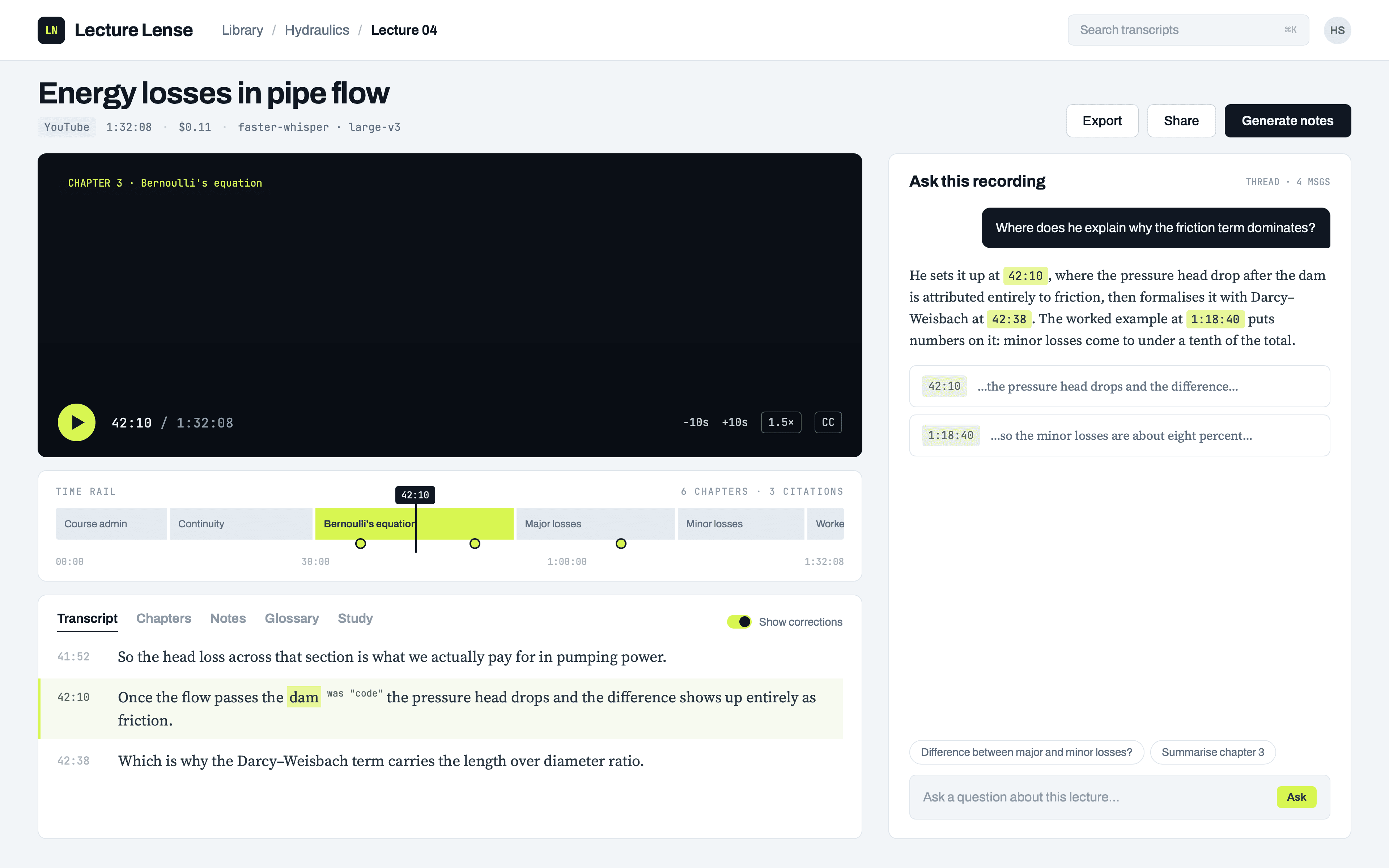 The Lecture Lense workspace — a lecture playing above a chaptered time rail, the corrected transcript on the left, and a chat answer on the right with a timestamp citation.