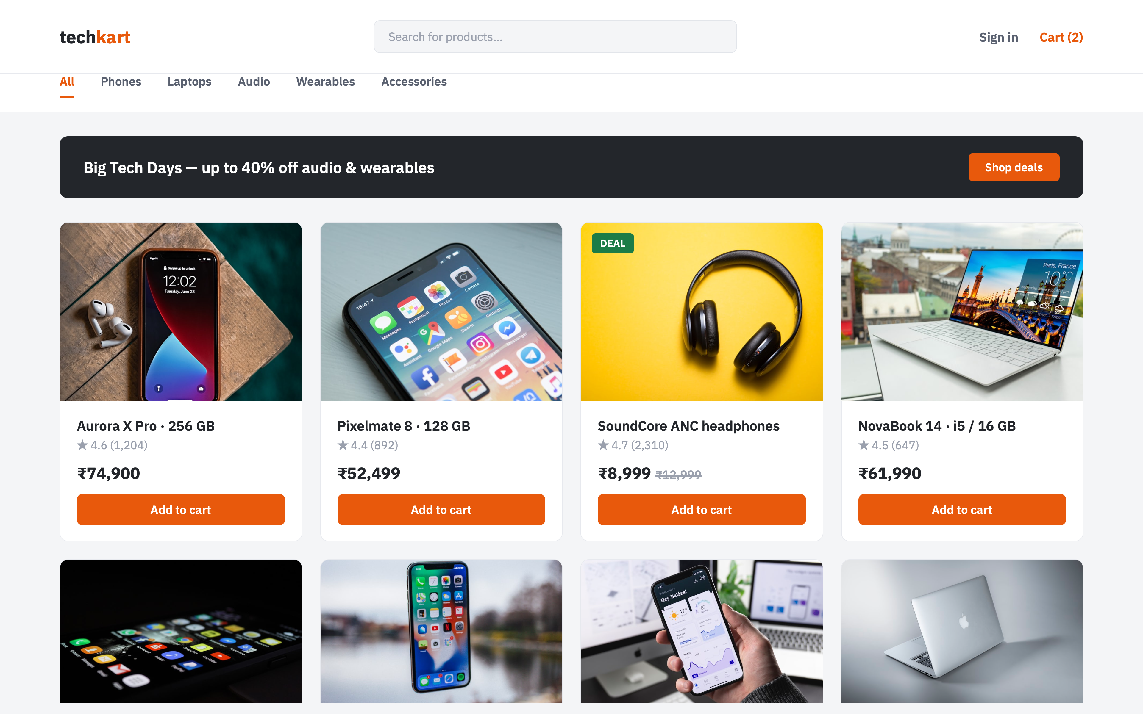 The Techkart storefront — iPhone and HTC product cards with rupee prices under a sticky category nav.